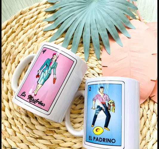 La Madrina and El Padrino loterÃa style 15oz coffee mugs, Mexican inspired couples gift