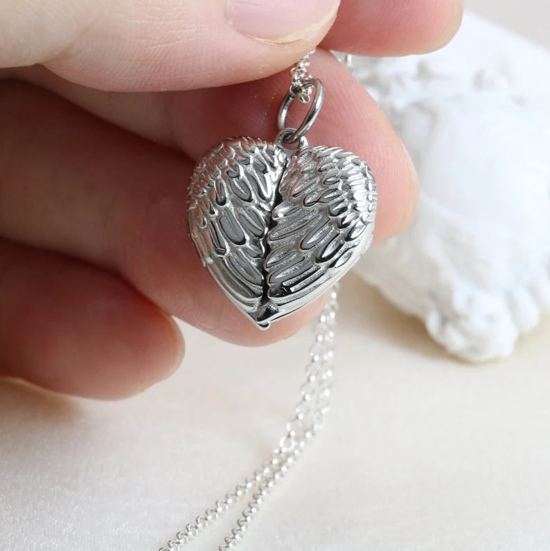 Photo Locket Necklace Memorial Locket Tiny Picture Necklace Heart Locket with Angel Wings