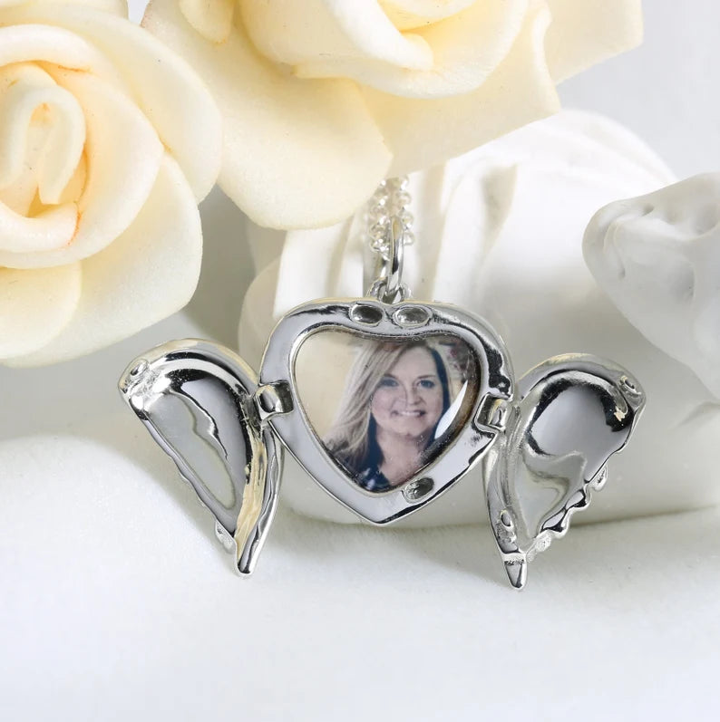 Photo Locket Necklace Memorial Locket Tiny Picture Necklace Heart Locket with Angel Wings
