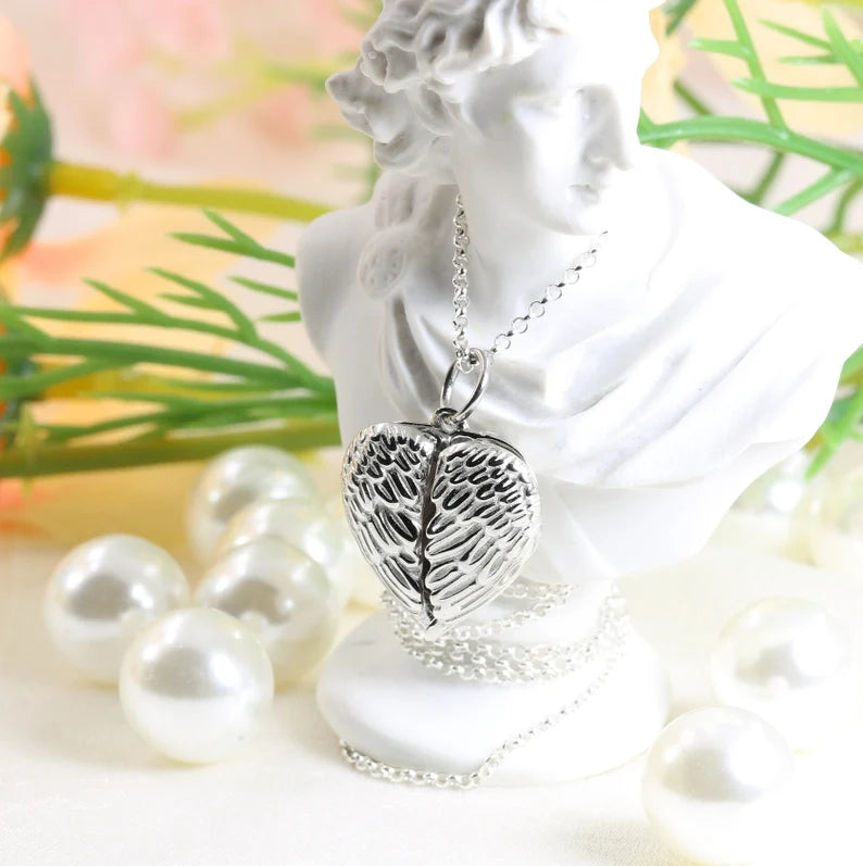 Photo Locket Necklace Memorial Locket Tiny Picture Necklace Heart Locket with Angel Wings