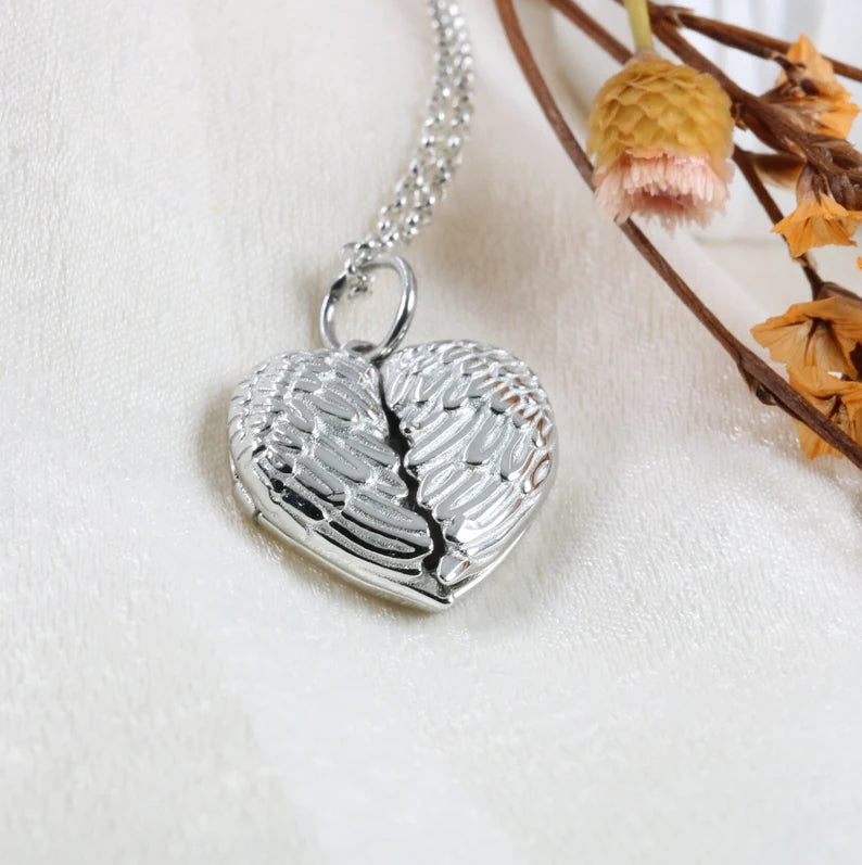 Photo Locket Necklace Memorial Locket Tiny Picture Necklace Heart Locket with Angel Wings
