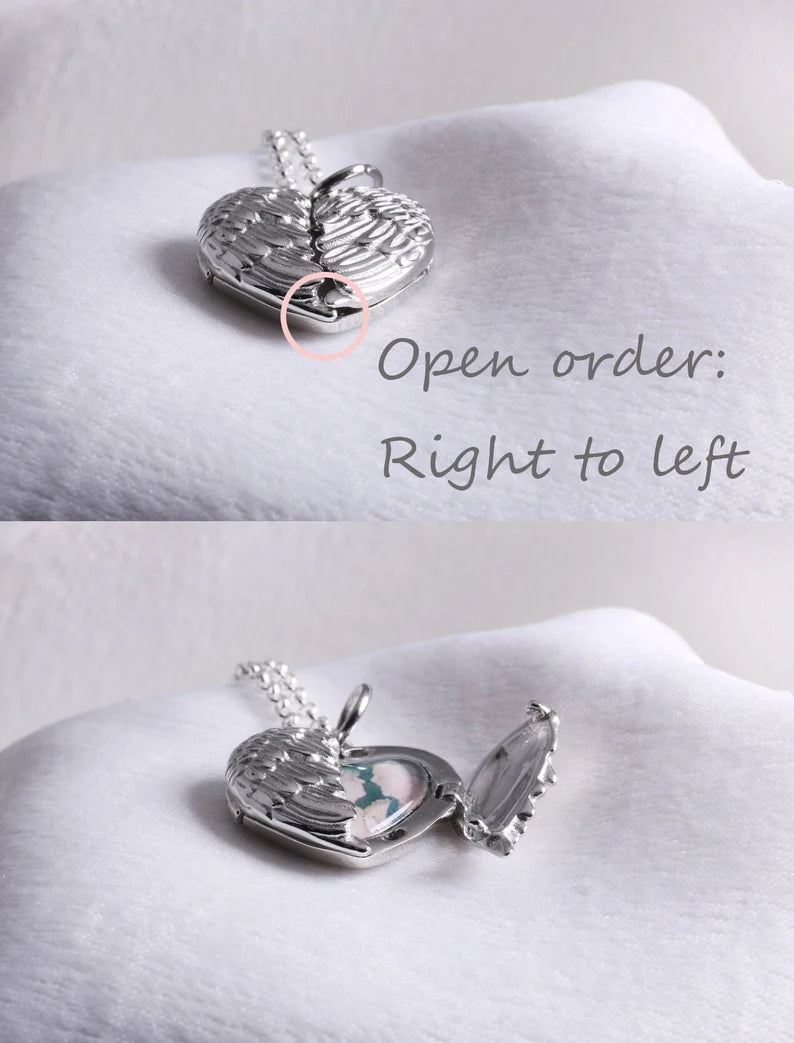 Photo Locket Necklace Memorial Locket Tiny Picture Necklace Heart Locket with Angel Wings